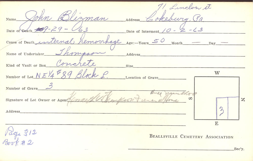 John Blizman burial card